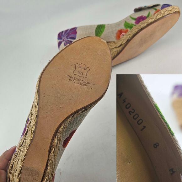 Stuart Weitzman peep toe canvas floral espadrilles shoes wedges , 8 - Picture 6 of 6